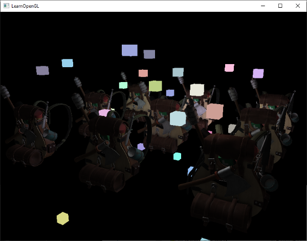 Image of deferred rendering with forward rendering where we copied the depth buffer data and lights are rendered properly with all  geometry in OpenGL