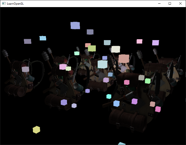 Image of deferred rendering with forward rendering where we didn't copy depth buffer data and lights are rendered on top of all geometry in OpenGL