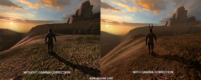 Example of gamma correction w/ and without on advanced rendering