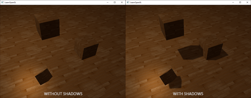 comparrison of shadows in a scene with and without in OpenGL