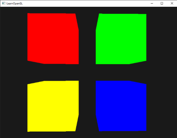 Image of 4 cubes with their uniforms set via OpenGL's uniform buffer objects