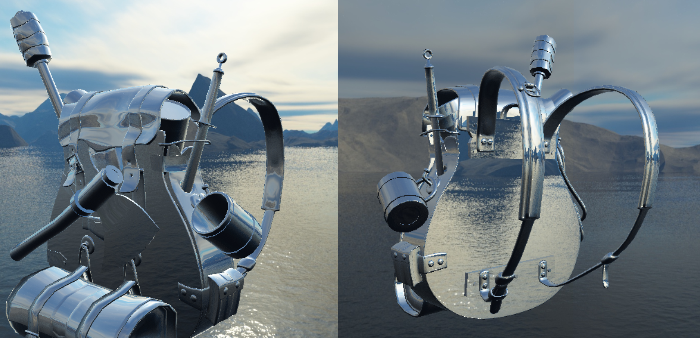 Image of a Backpack model reflecting a skybox via cubemaps via environment mapping.