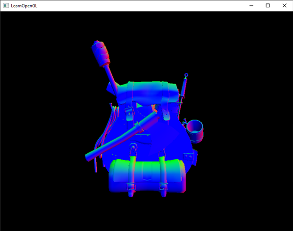 The image of a 3D model with its normal vectors displayed as the fragment shader output in OpenGL for debugging