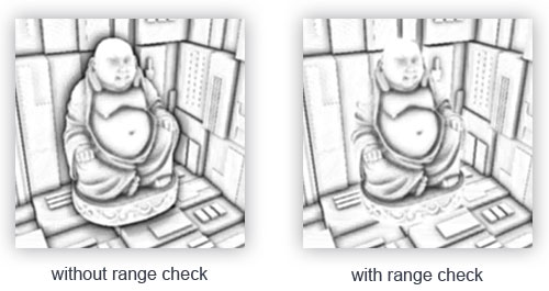 Image with and without range check of SSAO surface in OpenGL