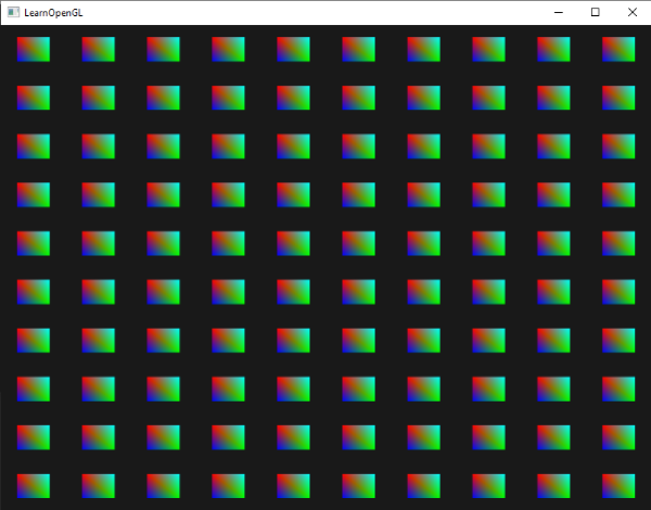 100 Quads drawn via OpenGL instancing.