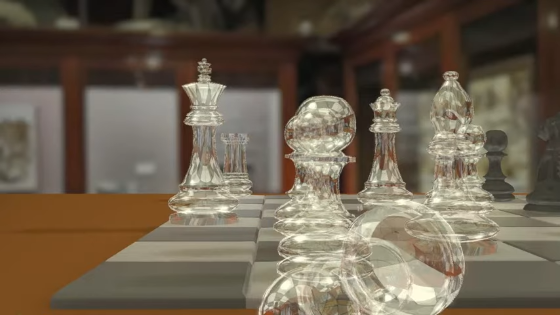 A glass chess set rendered with this technique.