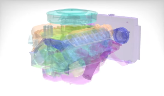 A transparent CAD view of a car engine rendered by this technique.