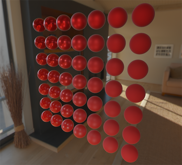 Render in OpenGL of full PBR with IBL (image based lighting) on spheres with varying roughness and metallic properties.